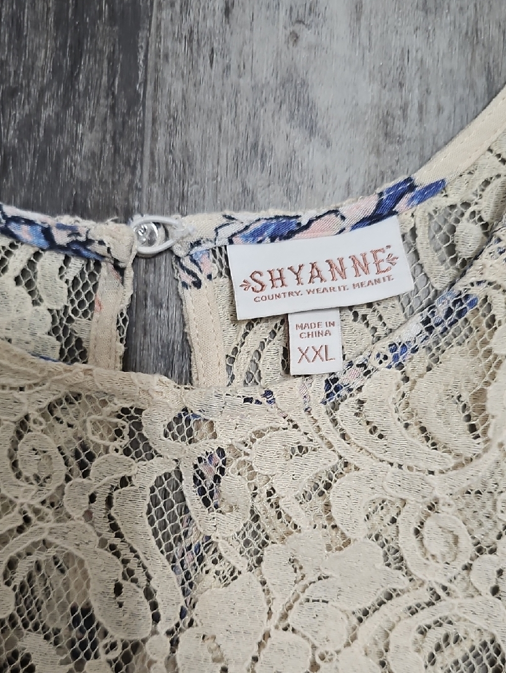 Shyanne Cream Cold-Shoulder Top with Blue Floral Print and Lace Yoke - Picture 2 of 8